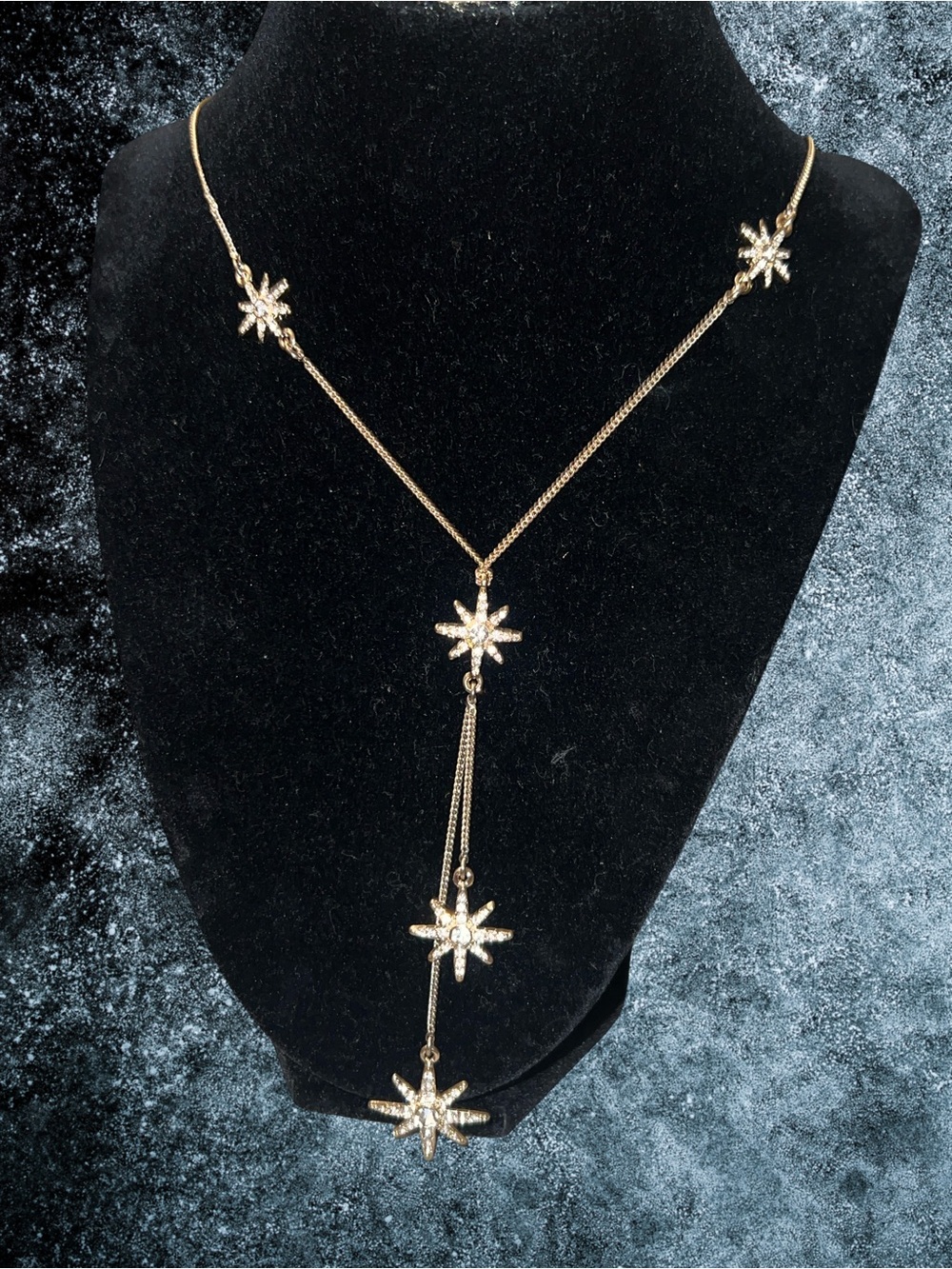 J CREW Gold Tone Starburst Crystals Long  lariat necklace